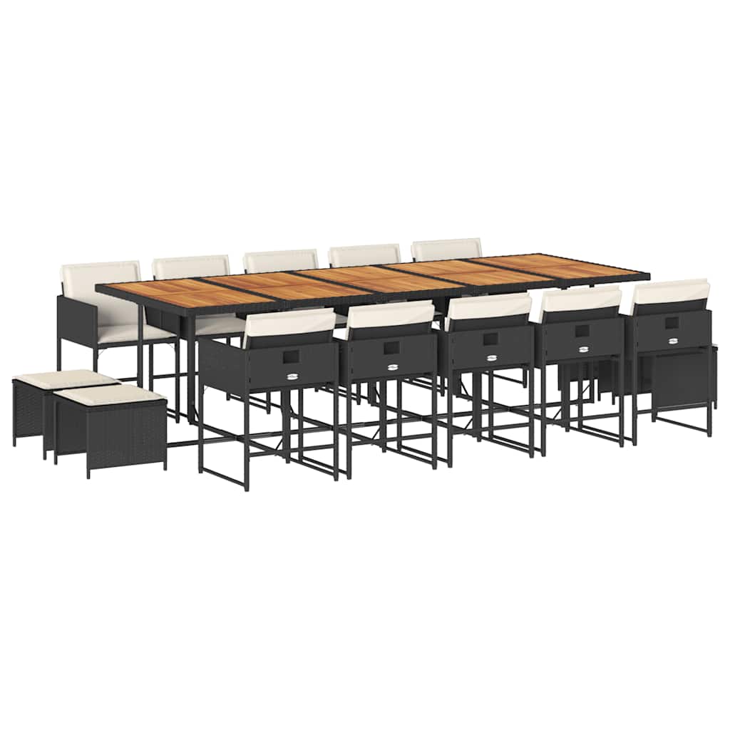 15 Piece Garden Dining Set with Cushions Black Poly Rattan