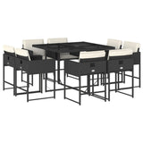 9 Piece Garden Dining Set with Cushions Black Poly Rattan - Front View