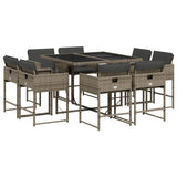 9 Piece Garden Dining Set with Cushions Grey Poly Rattan - Front View