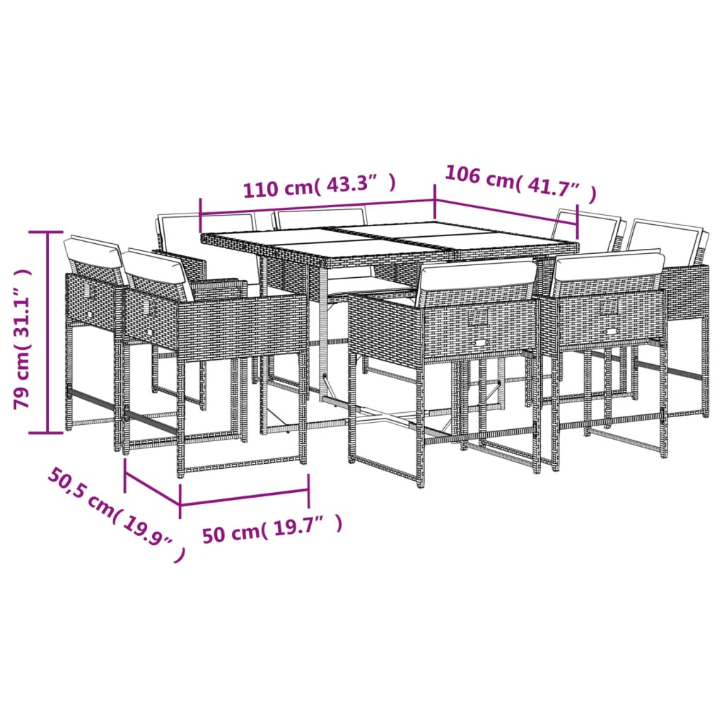 9 Piece Garden Dining Set with Cushions Grey Poly Rattan
