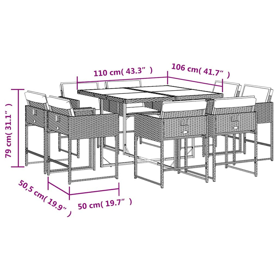 9 Piece Garden Dining Set with Cushions Grey Poly Rattan