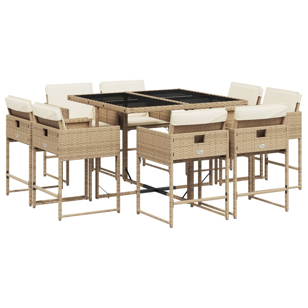 9 Piece Garden Dining Set with Cushions Beige Poly Rattan