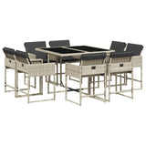 9 Piece Garden Dining Set with Cushions Light Grey Poly Rattan - Front View
