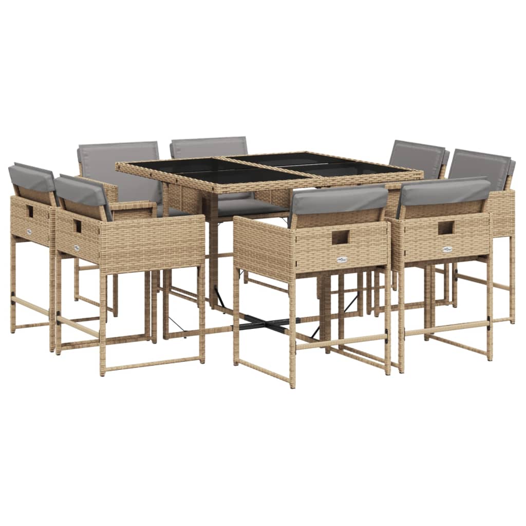 9 Piece Garden Dining Set with Cushions Mix Beige Poly Rattan