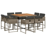 9 Piece Garden Dining Set with Cushions Grey Poly Rattan - Front View