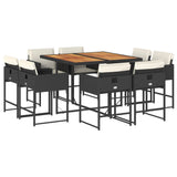 9 Piece Garden Dining Set with Cushions Black Poly Rattan - Front View