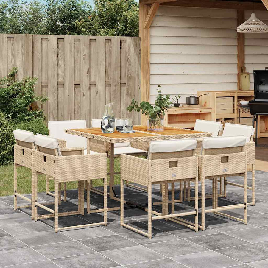 9 Piece Garden Dining Set with Cushions Beige Poly Rattan