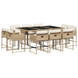 11 Piece Garden Dining Set with Cushions Beige Poly Rattan - Front View