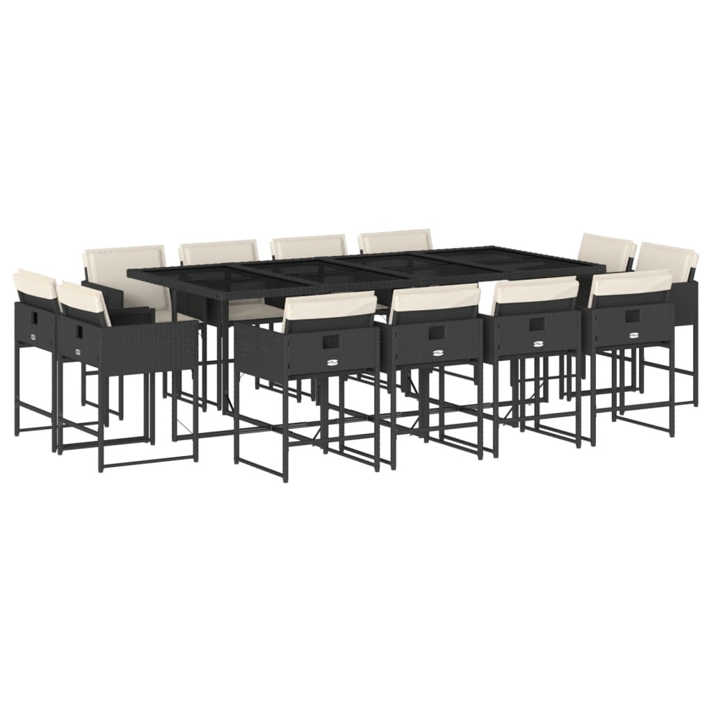 13 Piece Garden Dining Set with Cushions Black Poly Rattan