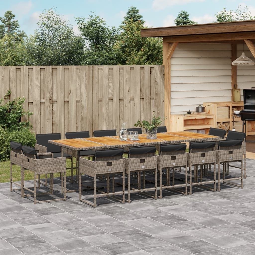 15 Piece Garden Dining Set with Cushions Grey Poly Rattan