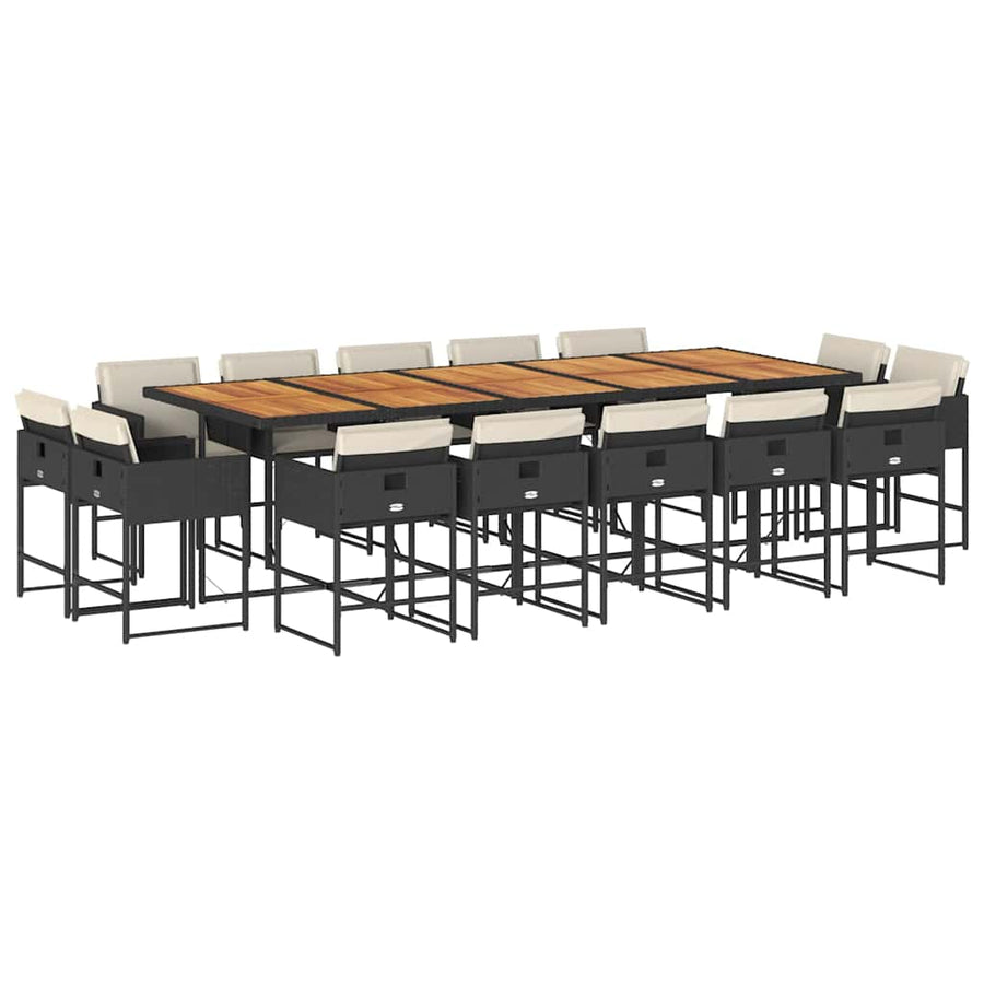 15 Piece Garden Dining Set with Cushions Black Poly Rattan