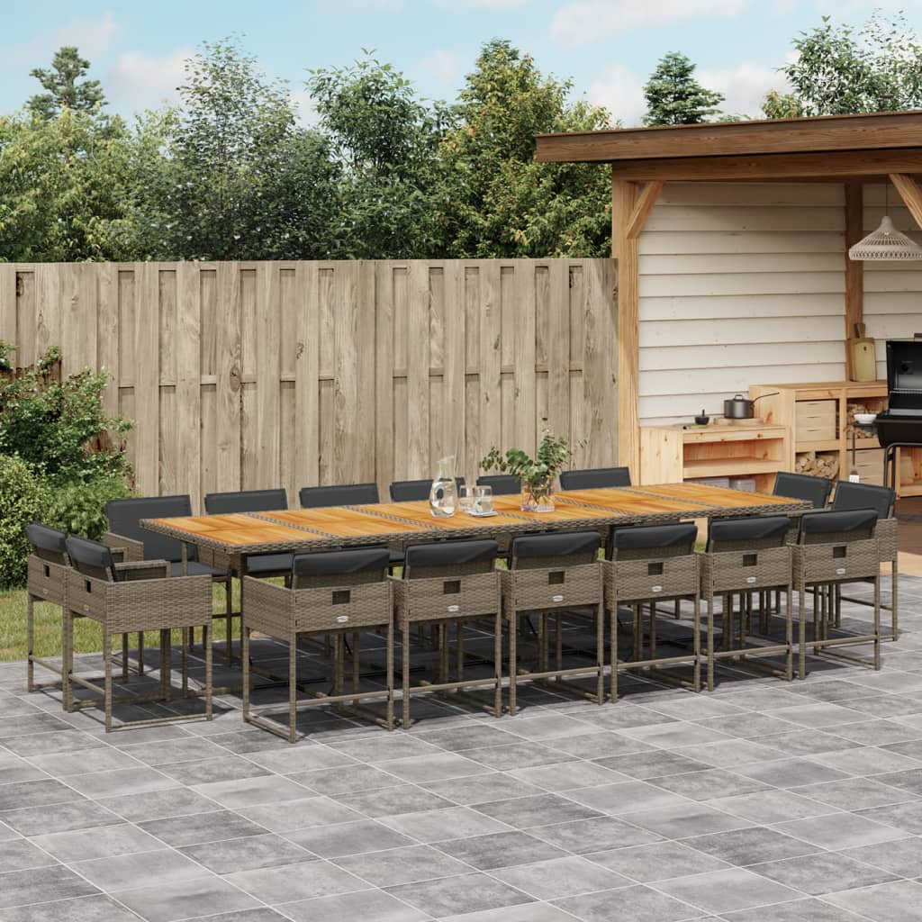 17 Piece Garden Dining Set with Cushions Grey Poly Rattan
