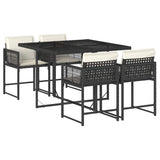 5 Piece Garden Dining Set with Cushions Black Poly Rattan - Front View