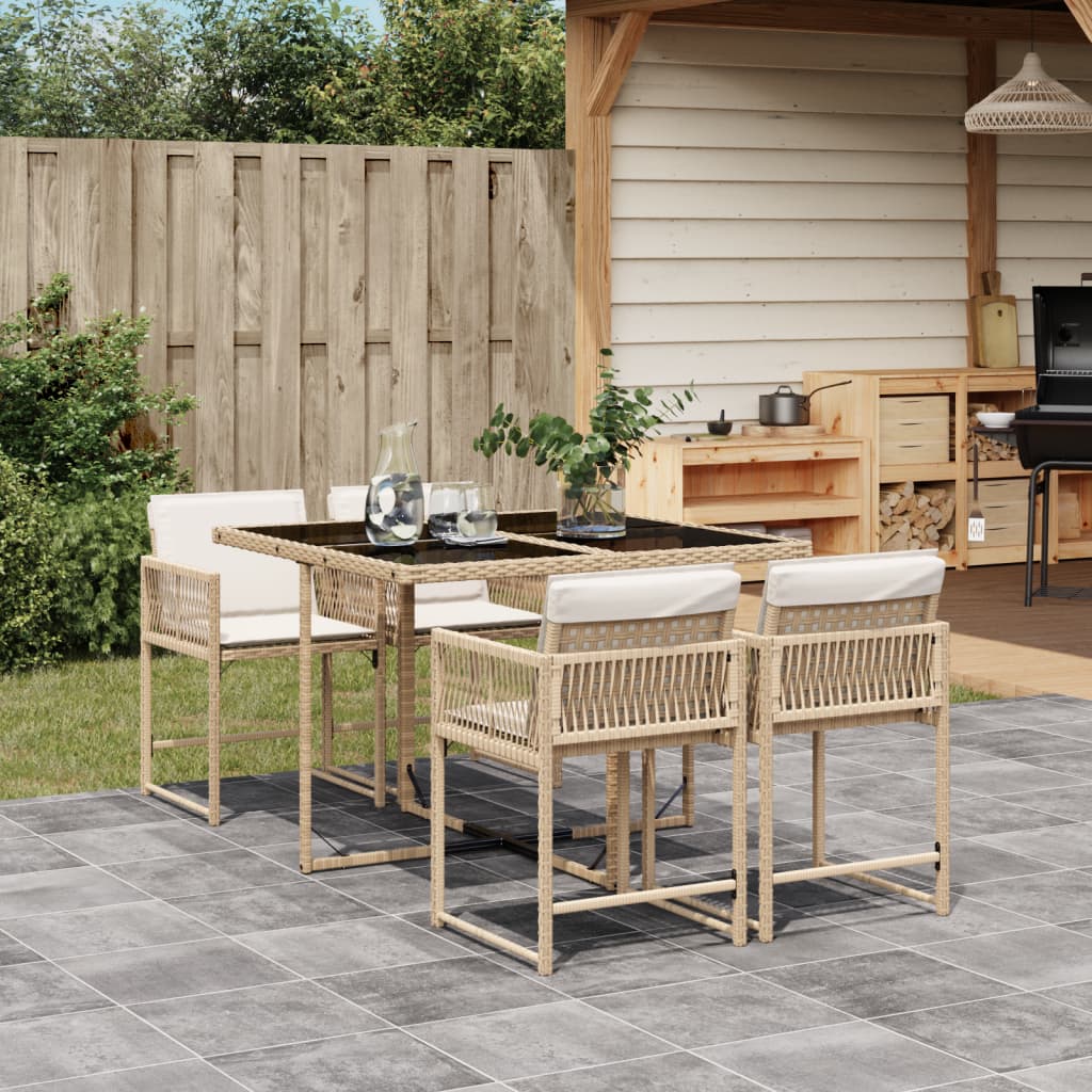 5 Piece Garden Dining Set with Cushions Beige Poly Rattan