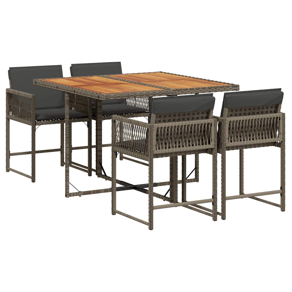 5 Piece Garden Dining Set with Cushions Grey Poly Rattan
