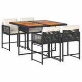 5 Piece Garden Dining Set with Cushions Black Poly Rattan - Front View