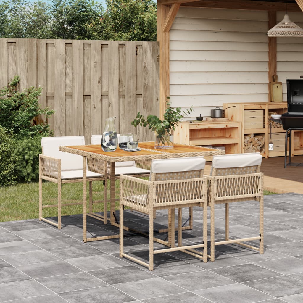 5 Piece Garden Dining Set with Cushions Beige Poly Rattan
