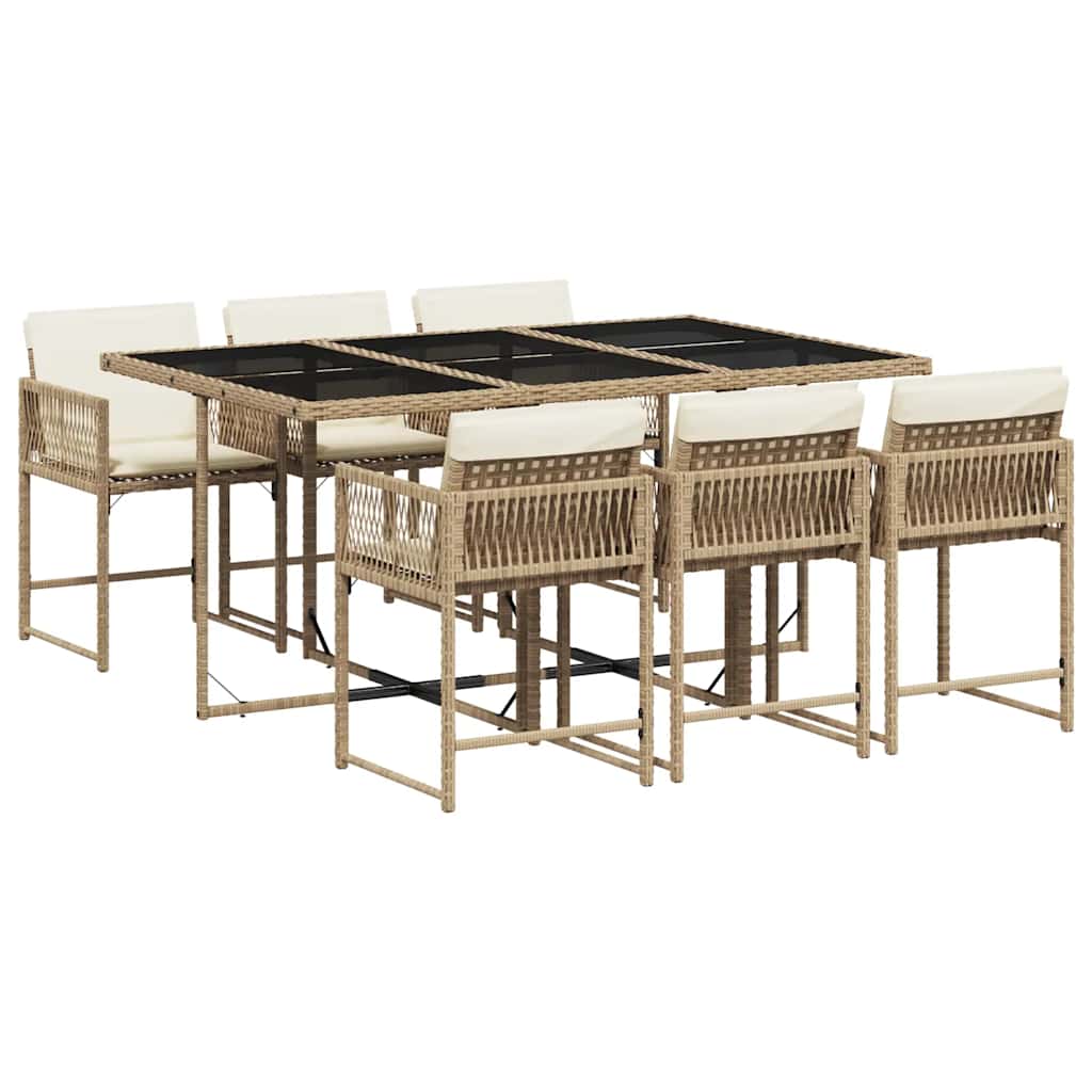 7 Piece Garden Dining Set with Cushions Beige Poly Rattan