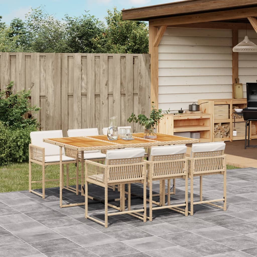 7 Piece Garden Dining Set with Cushions Beige Poly Rattan