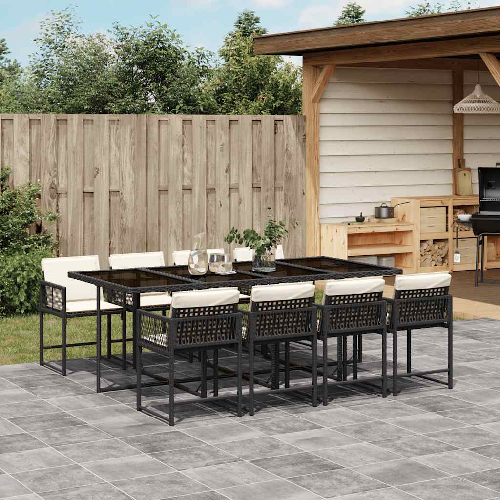 9 Piece Garden Dining Set with Cushions Black Poly Rattan