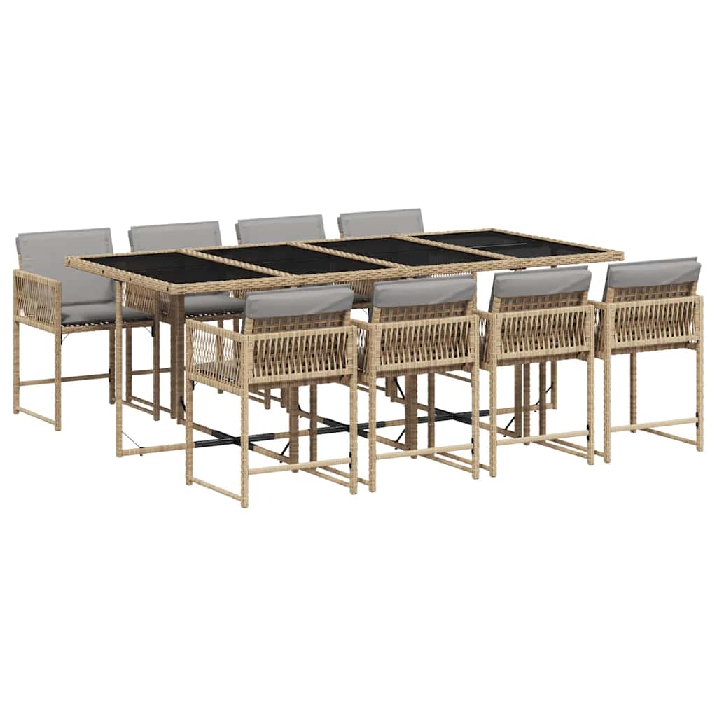 9 Piece Garden Dining Set with Cushions Mix Beige Poly Rattan