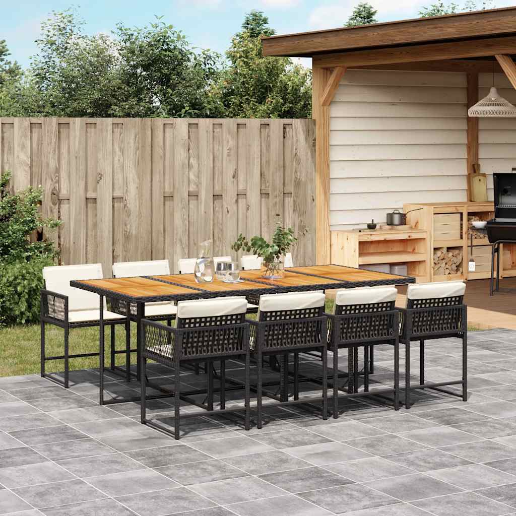 9 Piece Garden Dining Set with Cushions Black Poly Rattan