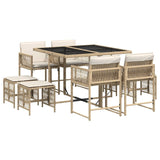 9 Piece Garden Dining Set with Cushions Beige Poly Rattan - Front View