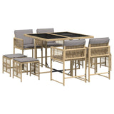 9 Piece Garden Dining Set with Cushions Mix Beige Poly Rattan - Front View