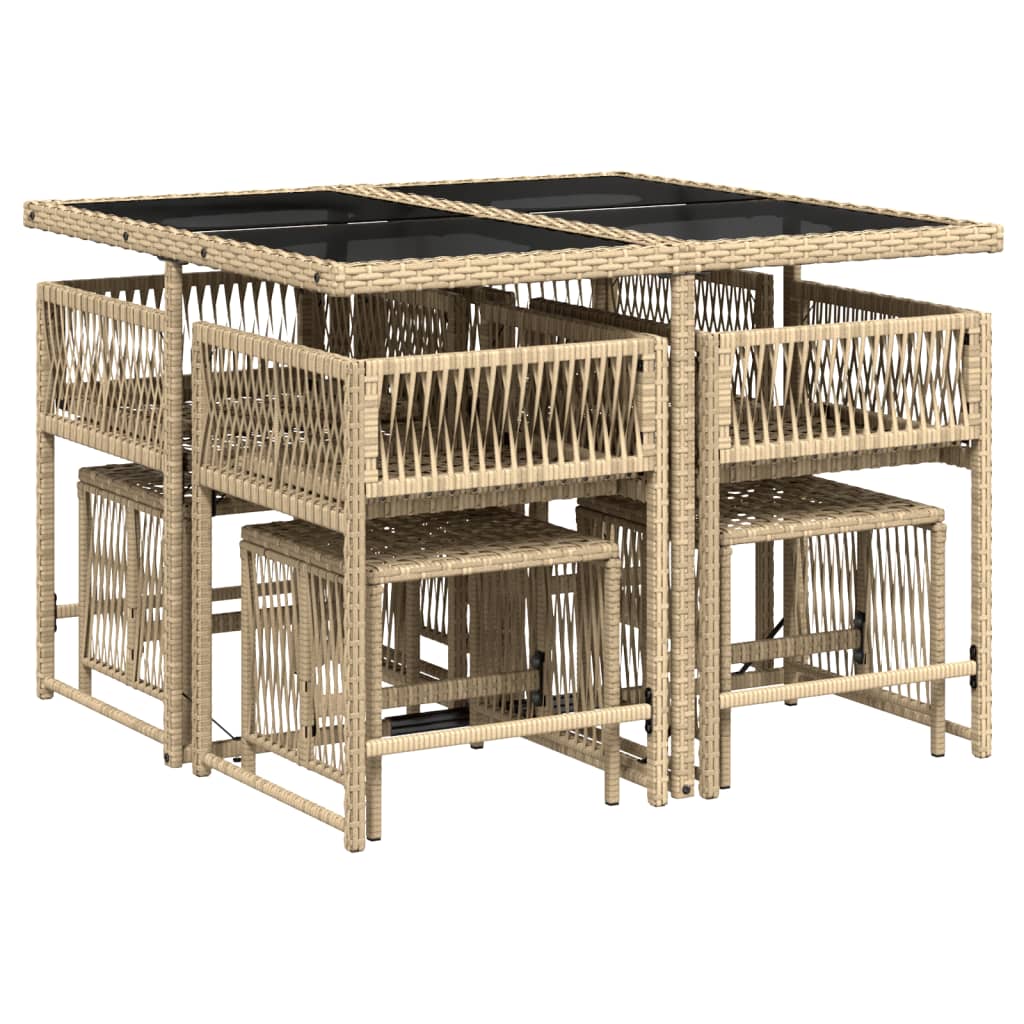 9 Piece Garden Dining Set with Cushions Mix Beige Poly Rattan