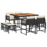 9 Piece Garden Dining Set with Cushions Black Poly Rattan