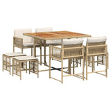 9 Piece Garden Dining Set with Cushions Beige Poly Rattan - Front View