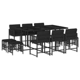 11 Piece Garden Dining Set with Cushions Black Poly Rattan - Front View