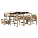 11 Piece Garden Dining Set with Cushions Beige Poly Rattan - Front View