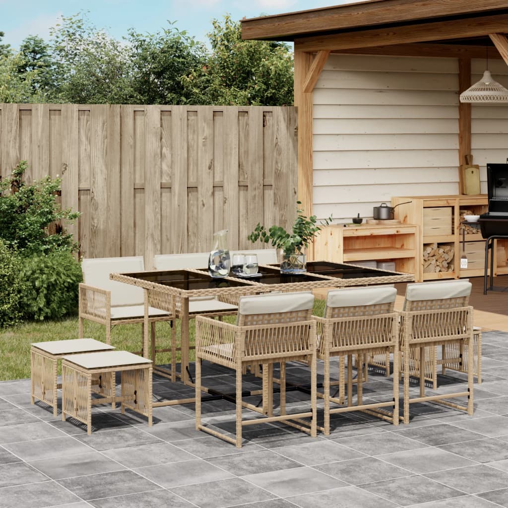 11 Piece Garden Dining Set with Cushions Beige Poly Rattan