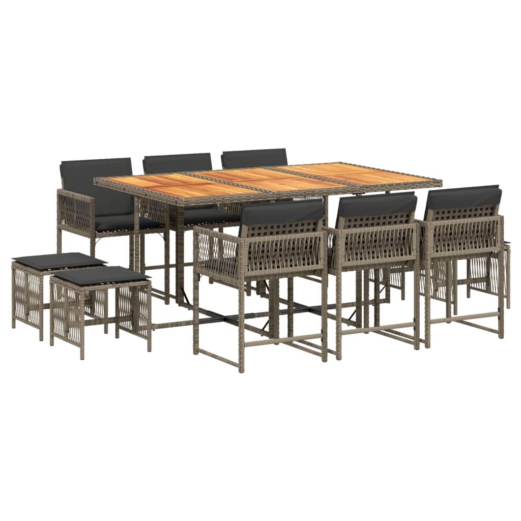 11 Piece Garden Dining Set with Cushions Grey Poly Rattan