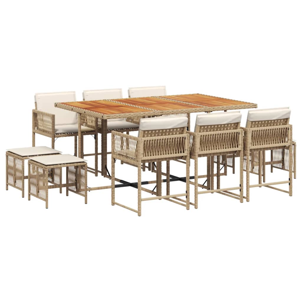 11 Piece Garden Dining Set with Cushions Beige Poly Rattan