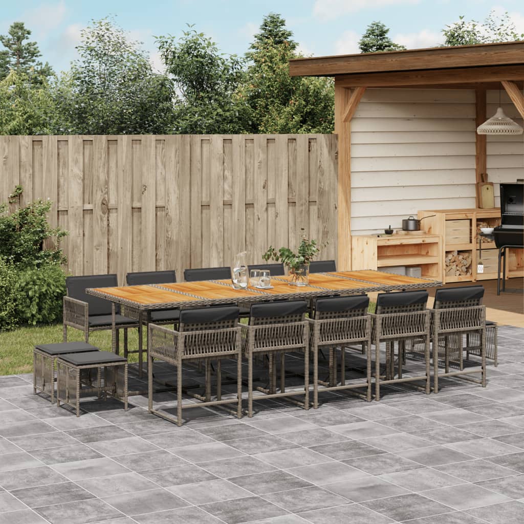15 Piece Garden Dining Set with Cushions Grey Poly Rattan