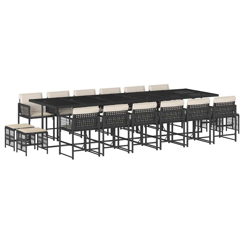17 Piece Garden Dining Set with Cushions Black Poly Rattan
