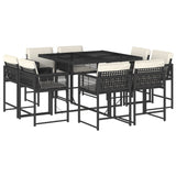 9 Piece Garden Dining Set with Cushions Black Poly Rattan - Front View
