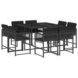 9 Piece Garden Dining Set with Cushions Black Poly Rattan - Front View
