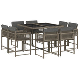 9 Piece Garden Dining Set with Cushions Grey Poly Rattan - Front View