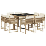 9 Piece Garden Dining Set with Cushions Beige Poly Rattan - Front View