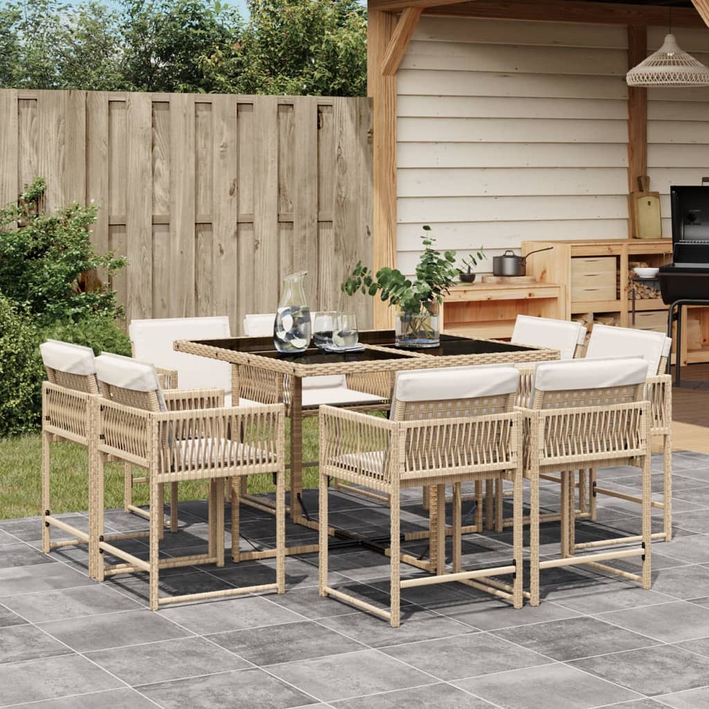 9 Piece Garden Dining Set with Cushions Beige Poly Rattan