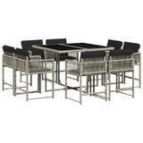 9 Piece Garden Dining Set with Cushions Light Grey Poly Rattan - Front View