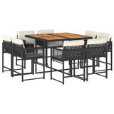 9 Piece Garden Dining Set with Cushions Black Poly Rattan - Front View