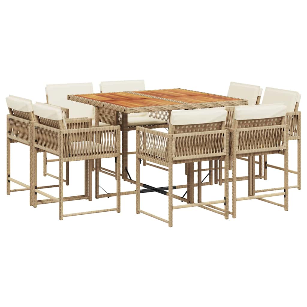 9 Piece Garden Dining Set with Cushions Beige Poly Rattan