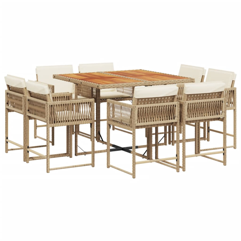 9 Piece Garden Dining Set with Cushions Beige Poly Rattan