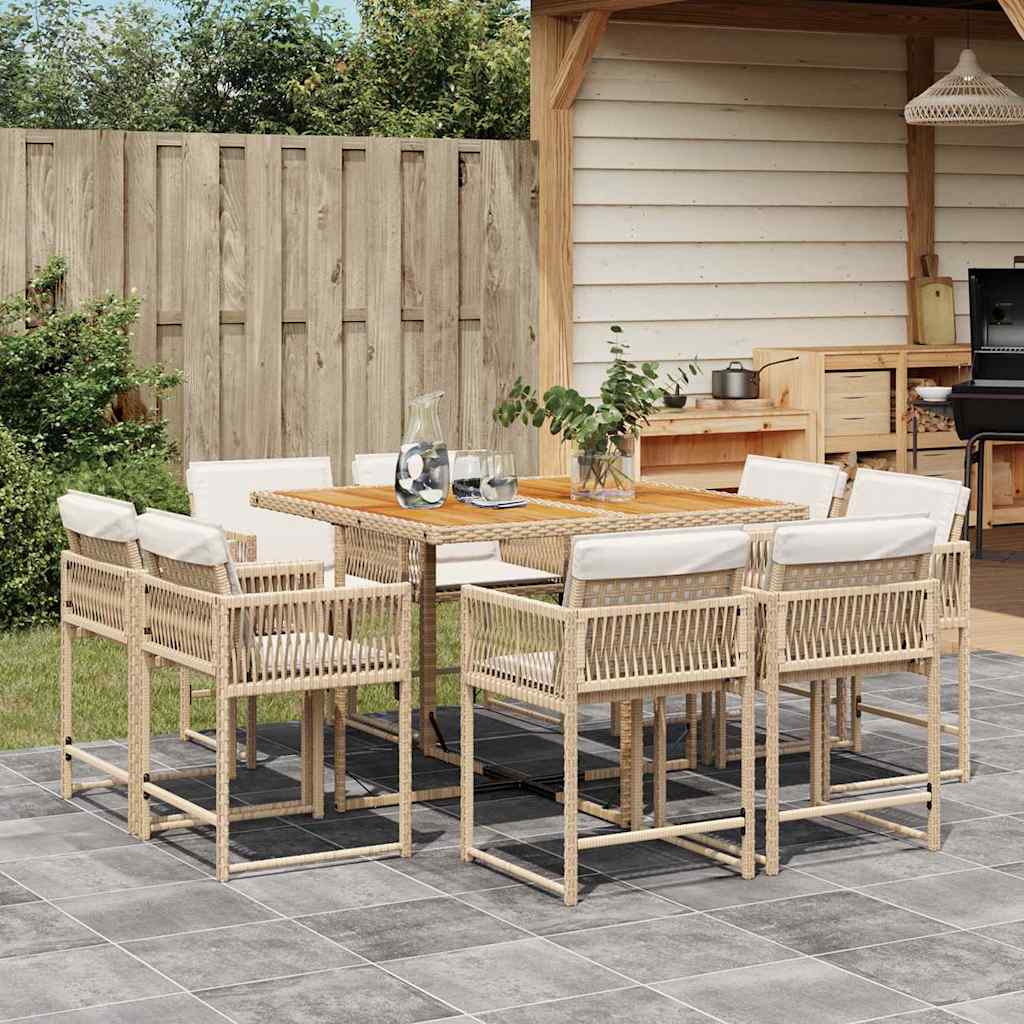 9 Piece Garden Dining Set with Cushions Beige Poly Rattan