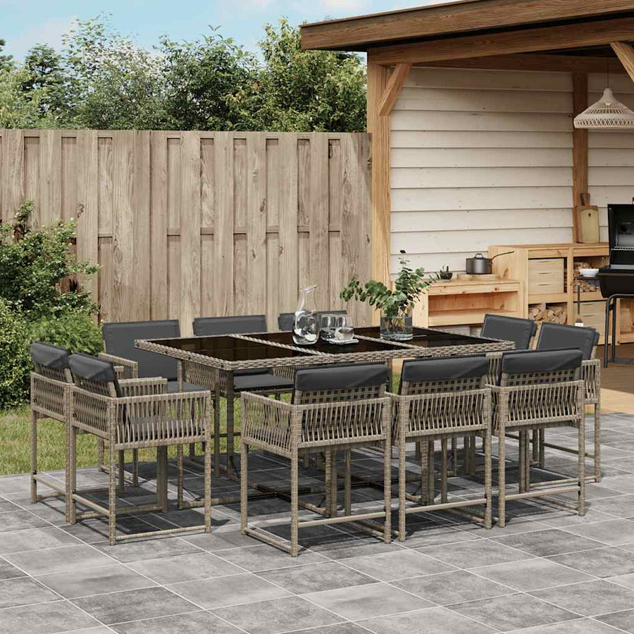11 Piece Garden Dining Set with Cushions Grey Poly Rattan