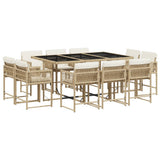 11 Piece Garden Dining Set with Cushions Beige Poly Rattan - Front View